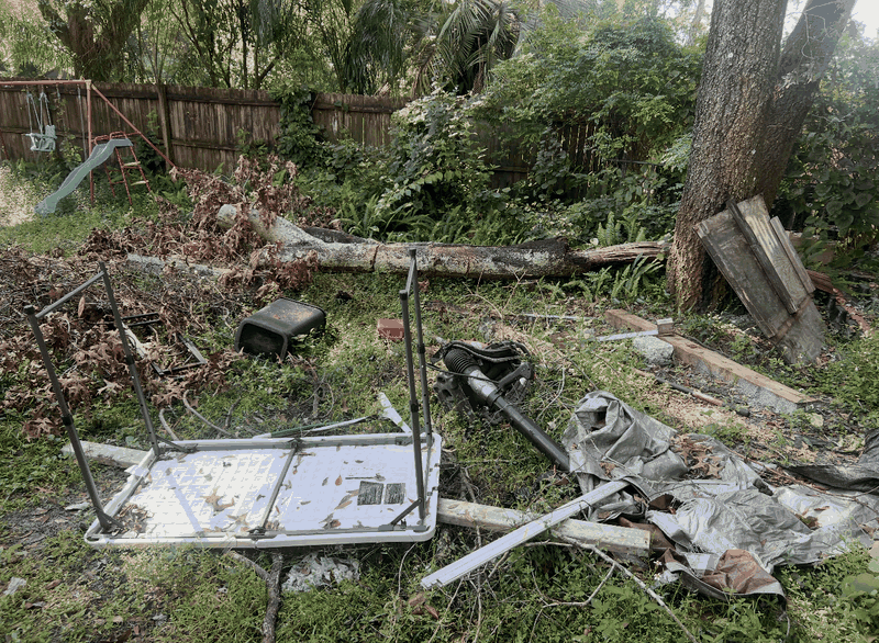 Real job photo: yard debris with logs, leaves, and an overturned table